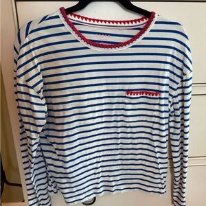 Boden Blue and White Striped Top with Red Trim